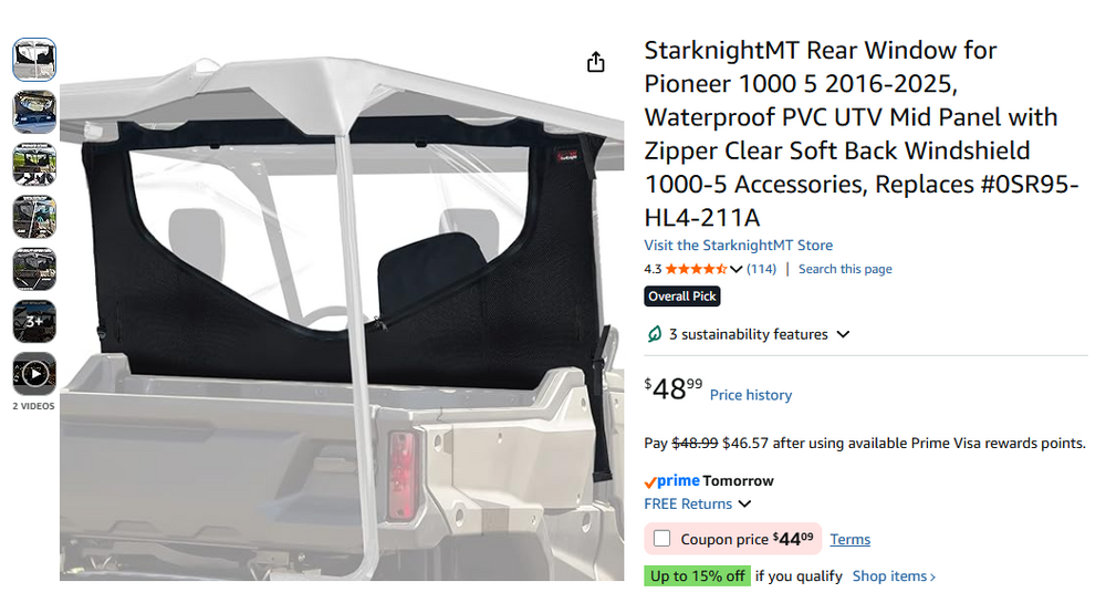 StarknightMT Rear Window for Pioneer 1000 5 2016-2025, Waterproof PVC UTV Mid Panel with Zipper Clear Soft Back Windshield